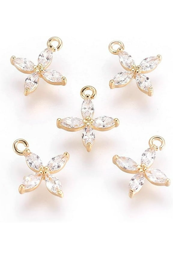 5Pcs Flower Pendants Real 18K Gold Plated Brass Cubic Zirconia Charms for Women Birthday Festival Elegant Gifts Personalized Jewelry 12x9.5x2mm Hole: 1mm