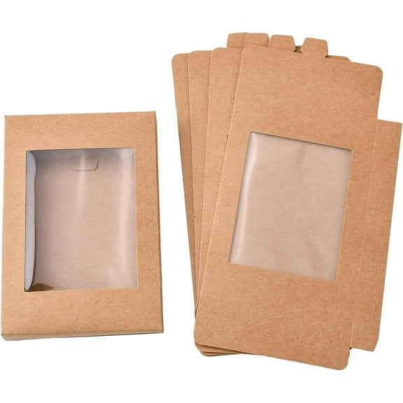 5Pcs Foldable Creative Kraft Paper Box Rectangle Wedding Favor Boxes Favour Box Camel Paper Gift Box with Clear Window for Bracelets Earrings Necklaces Jewelry Gift Packaging