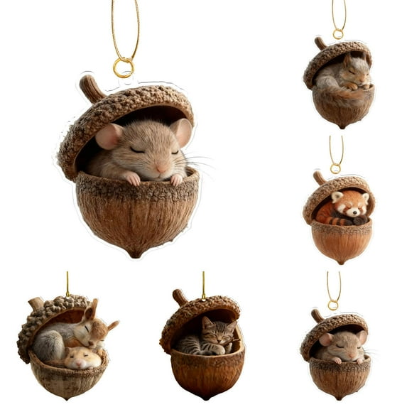 5Pcs Forest Animal Acorn Ornaments – Cozy Forest Christmas Ornaments, 5pcs 2D Acrylic Cute Forest Animal Christmas Trees Hanging Decorations, Rustic Nature-Themed Home Decor