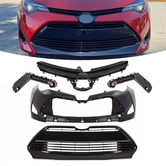 5Pcs Front Bumper Cover+Upper Lower Grill For 2017-19 Toyota Corolla L LE XLE CE