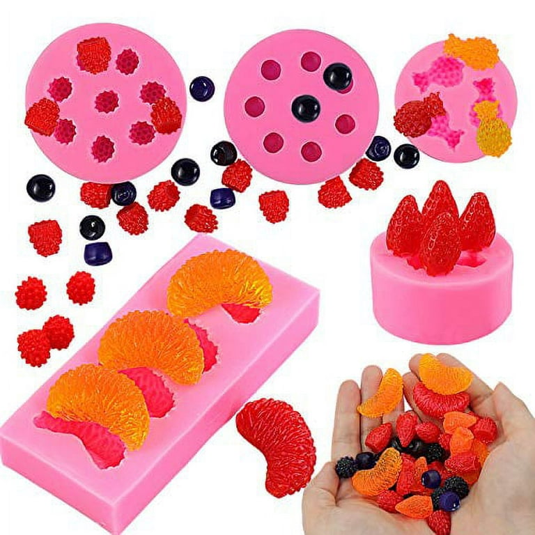 Juome 5pcs Fruit Shaped Jelly Molds, 3D Mini Pineapple Strawberry Orange Blueberry Mulberry Candle Silicone Fruit Mold for Cupcake Decorating, Soap