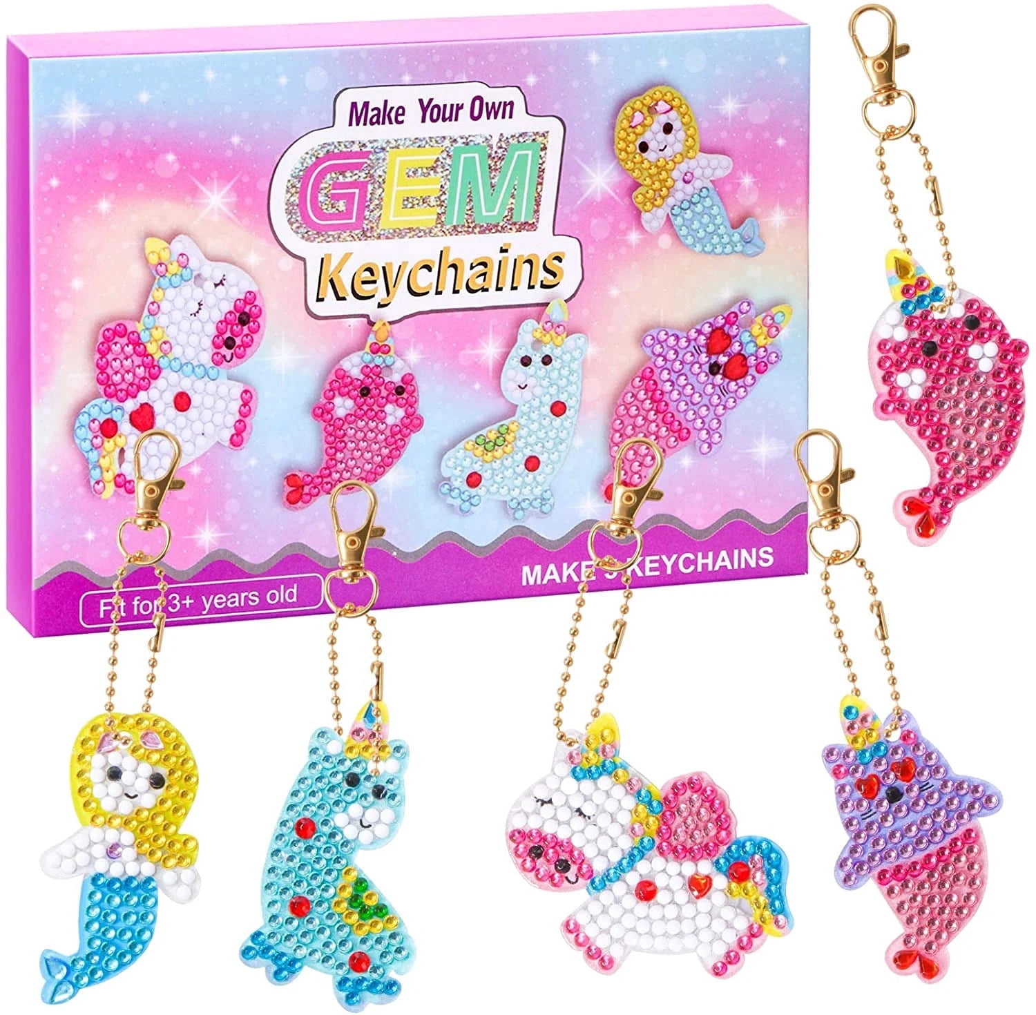 5Pcs Gem Diamond Art Kits with Key Chains,Mermaid Diamond Painting Kits for Kids Art and Crafts Set