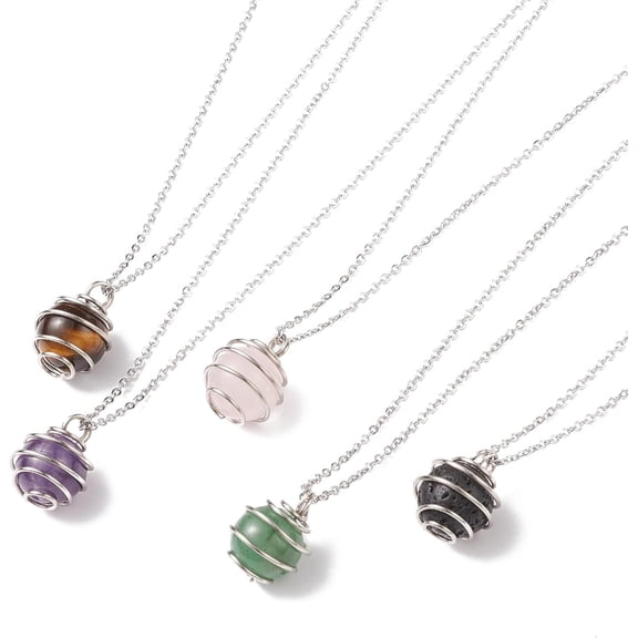 5Pcs Gemstone Cage Pendant Necklace with 304 Stainless Steel Cable Chains
