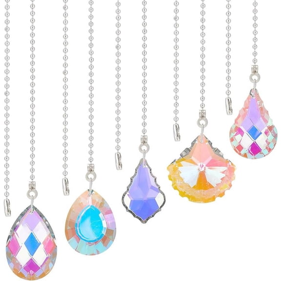 5Pcs Glass Ceiling Fan Pull Chain Teardrop Shell Diamond Oval Drop Rainbow Pull Chain Extenders Hanging Suncatcher with Ball Chain for Bathroom Table Lamp Decor