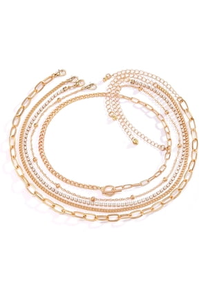 5Pcs Gold Layered Stackable Choker Necklace for Women,Simple Chain Link Short Necklace Set,Trendy Geometric Paperclip Rhinestone Jewelry