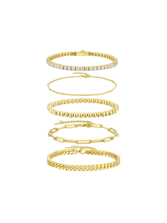 5Pcs Gold Stack Bracelets for Women Moissanite Layered Bracelet Chain 18K Gold Plated 925 Sterling Silver Stackable Bracelets Sets Jewelry Accessories 16.5CM