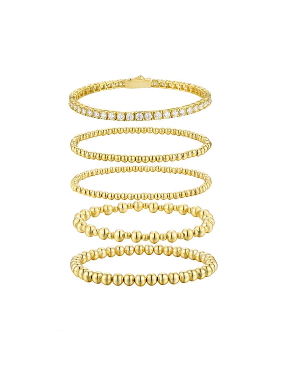 5Pcs Gold Stack Bracelets for Women Moissanite Layered Silver Bracelets Chain 18K Gold Plated 925 Sterling Silver Stackable Bracelets Sets Jewelry Accessories 16.5CM