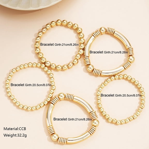 5Pcs Golden 21cm CCB Beaded Stretch Bracelets | Stackable Jewelry Set for Women | Trendy Layering Bangle for Casual/Wedding Fashion
