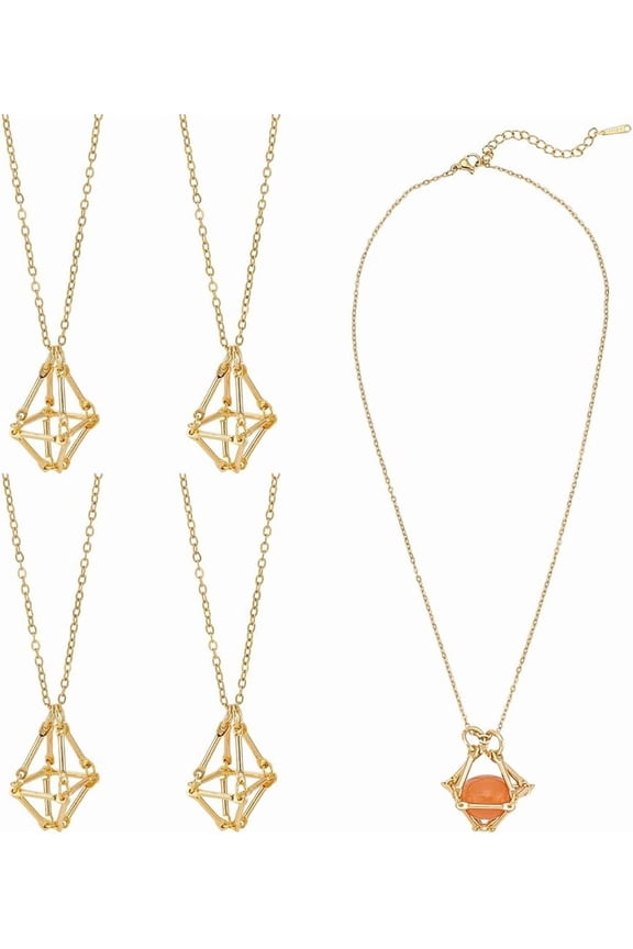 5Pcs Golden Adjustable Necklace 304 Stainless Steel Macrame Pouch Necklace with Extender Chain Empty Stone Holder Nets Necklace Pendant with Lobster Claw Clasps