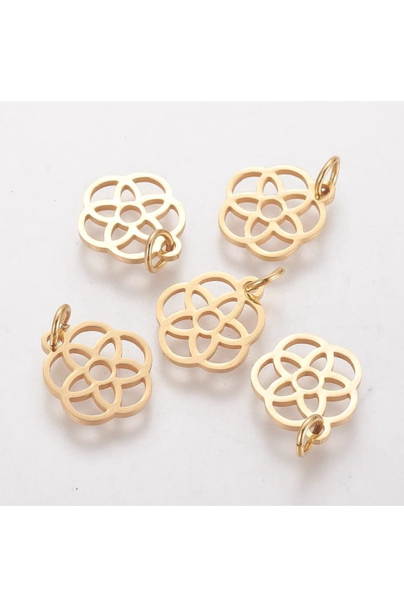 5Pcs Golden Hollow Flower Charms 13x12x1mm 304 Stainless Steel Laser Cut Pendants with 3mm Hole Double Layers of Lace Flower Charms Ideal for Jewelry Making and Craft Projects