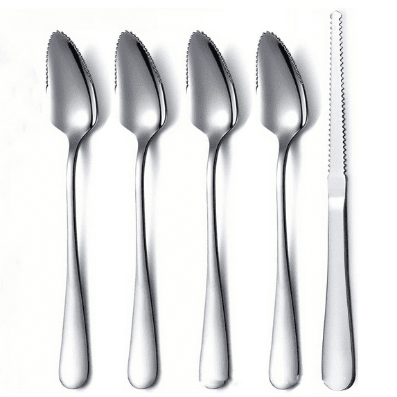 5Pcs Grapefruit Spoons Serrated Edge Grapefruit Knife Set, Stainless Steel Grapefruit Utensil Tool Dessert Spoons for Citrus Lemon Kiwi Salads Melon Lime Pitaya Apple Fruit Puree (Silver)