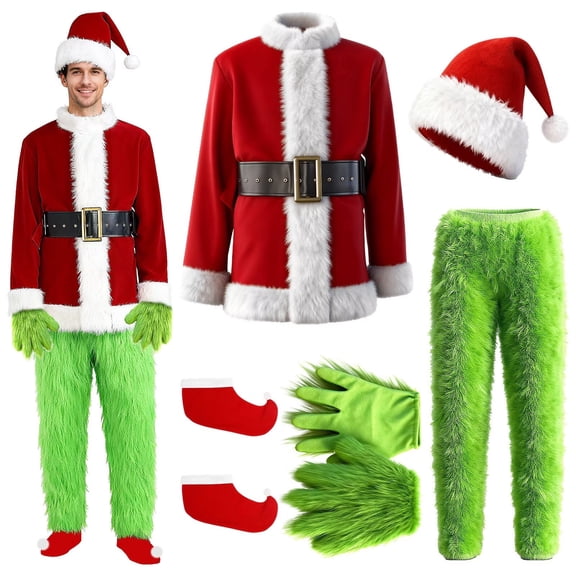 5Pcs Green Furry Monster Costume for Men with Santa Style Jacket Pants Hat Gloves and Socks for Christmas Parties