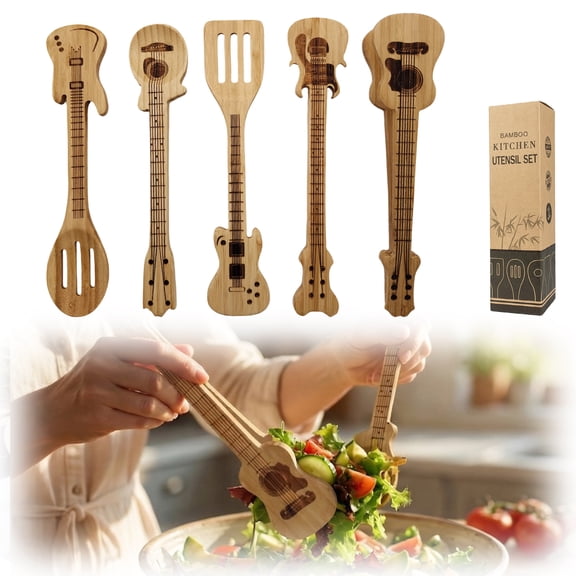 5Pcs GuitarShaped Bamboo Cookware Set, 3 Spoons, 1 Spatula and 1 Tongs, Unique Music Themed Kitchen Utensils for Culinary Professionals and Restaurant Food Preparation Supply (Set of 5)
