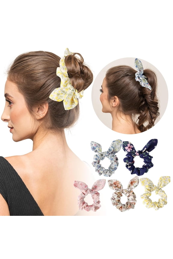 5Pcs Hair Scrunchies, Bunny Ear Scrunchies Hair Ties, Cute Ponytail holder for Thick Hair, Colorful Chiffon Hair Band, Hair Accessories for Women Girls