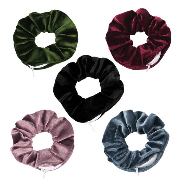 5Pcs Hair Ties, Velvet Scrunchies, Large Hair Bobble Scrunchy Soft Hair Bands with Hidden Pocket Zipper Design, Dark Colors Classic Elastic Thick Hair Ties for Most of Styles of Clothing, 5 Colors