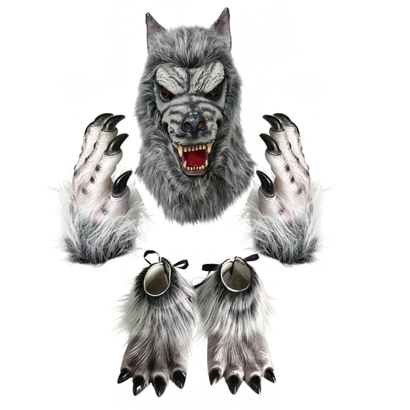 5Pcs Hairy Wolf Head Mask and Gloves Shoes Set, Realistic Horror Furry Werewolf Mask Scary Latex Animal Headwear, Halloween Carnival Cosplay Big Bad Wolf Costume Party Props