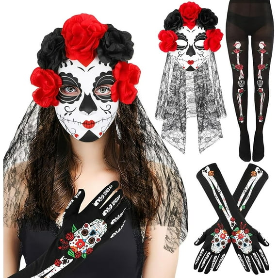 Day of the Dead Costumes Set for Women, Flower Skeleton Crown Headband Long Gloves and Thigh Socks for Halloween Cosplay Accessories