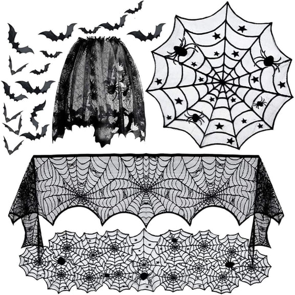 5Pcs Halloween Decorations Kit Spiderweb Lace Tablecloth Table Runner Spider Cobweb Fireplace Scarf Cover, Round Spooky Lace Table Cover, Lamp Shades for Halloween Party Decor(RL)