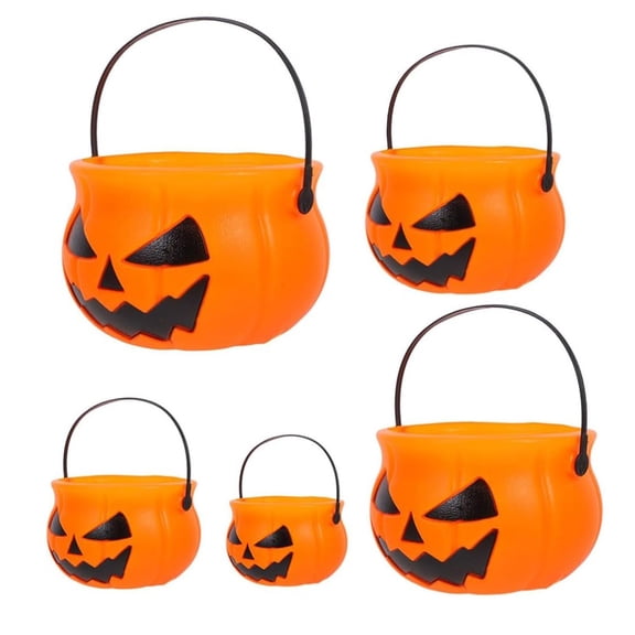 5Pcs Halloween Pumpkin Buckets with Lids and Handles, Orange Jack O Lantern Candy Containers Party Favor Pails for Porch Table Bar Haunted House Decor