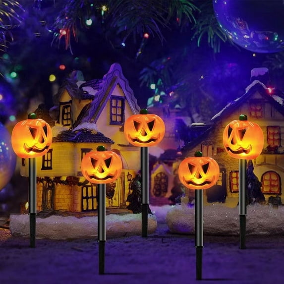 5Pcs Halloween Pumpkin Pathway Lights, Orange Stake Lights Halloween Outdoor Decorations, Timer Waterproof & Battery Operated 3D LED Pumpkin Halloween Decor for Yard Porch Lawn Pathway Garden