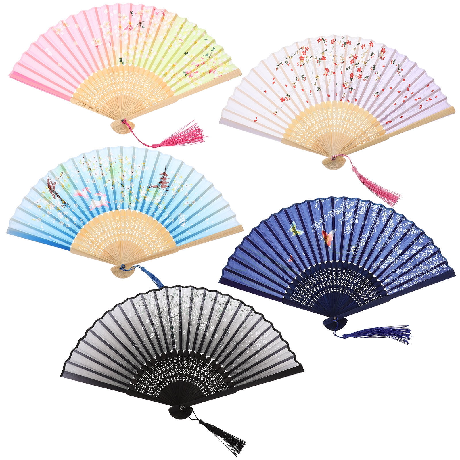 5Pcs Hand Held Folding Fans Antique Folding Fans Silk Cloth Fans Dance