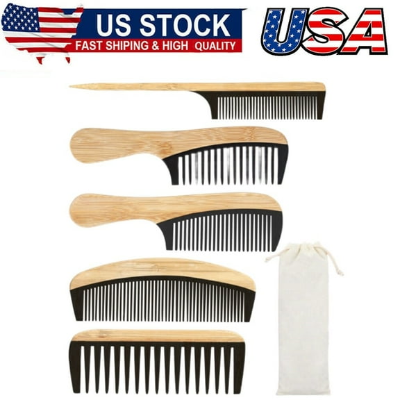 5Pcs Handmade Bamboo Anti-Static Comb Set for Women and Men,Wide Tooth, Rat Tail