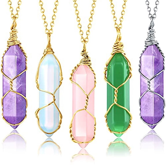 5Pcs Healing Crystal Necklace Tree of Life Wire Wrapped Natural Stone Point Pendant Necklace Hexagonal Reiki Spiritual Quartz Gemstone Jewelry for Women Men