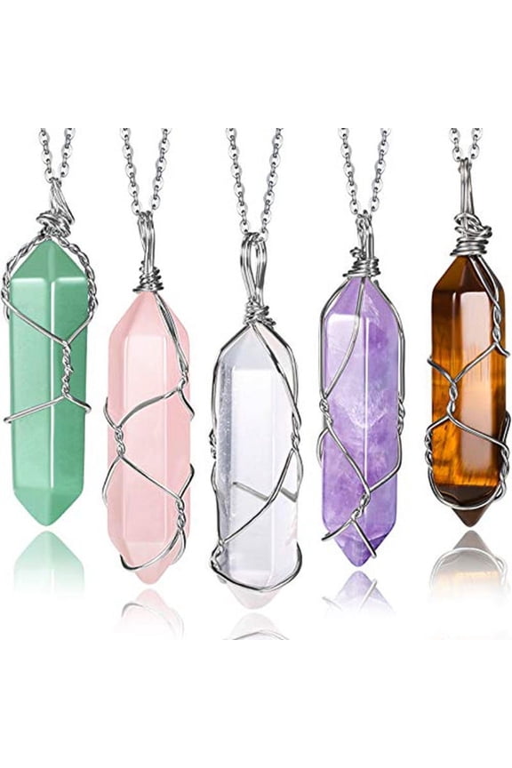 5Pcs Healing Crystal Necklace Tree of Life Wire Wrapped Natural Stone Point Pendant Necklace Hexagonal Reiki Spiritual Quartz Gemstone Jewelry for Women Men
