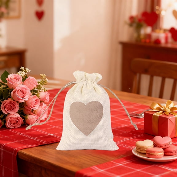 5Pcs Heart Canvas Wedding Gift Bag! Uscallm Heart Canvas Drawstring Bag, Wedding Party Favor Gift Packaging, Reusable Eco Friendly Tote, Valentine's Day Candy Treat Pouch