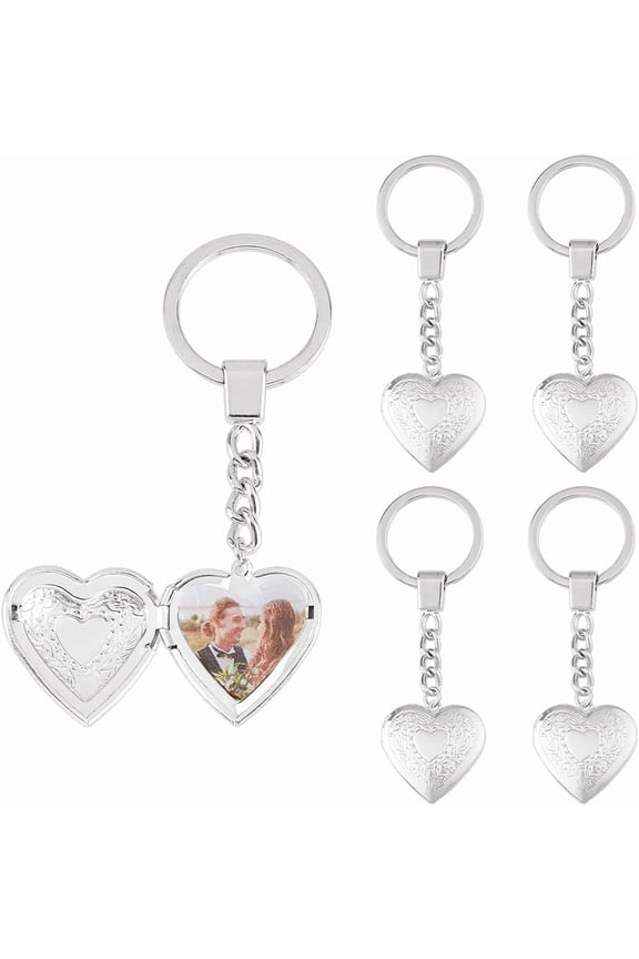 5Pcs Heart Locket Pendant Keychain Vintage Carved Flower Pattern Heart Key Rings Brass Photo Locket Keychain 1set