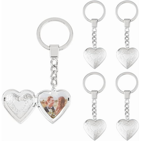 5Pcs Heart Locket Pendant Keychain Vintage Carved Flower Pattern Heart Key Rings Brass Photo Locket Keychain 1set