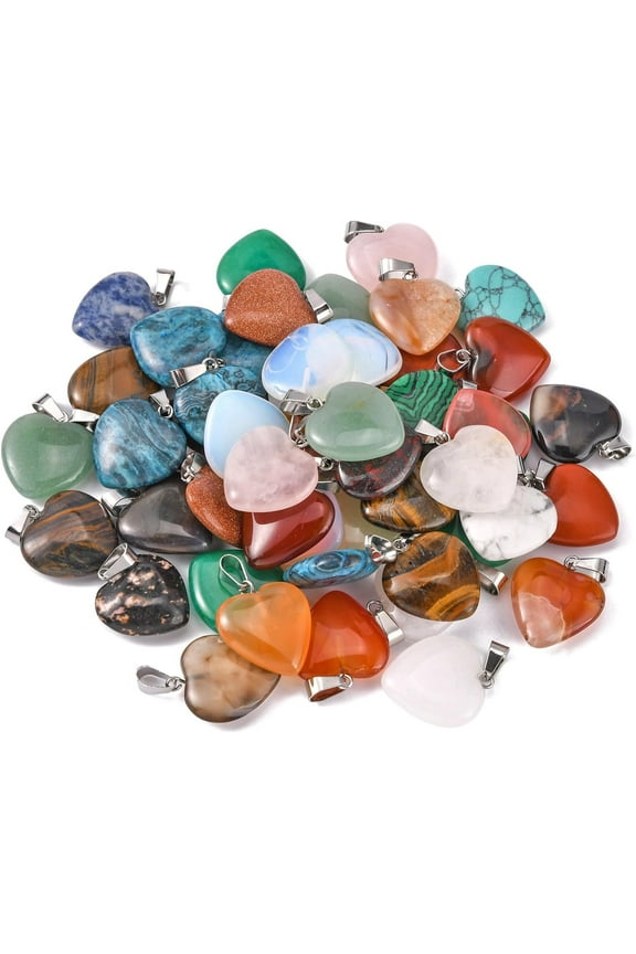 5Pcs Heart Natural & Synthetic Mixed Stone Pendants Pendants Charms with Platinum Tone Brass Findings Heart Gemstone Pendant for Necklace Bracelet Jewelry Making DIY Craft Making