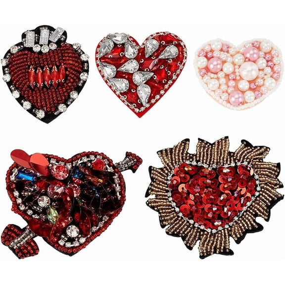 5Pcs Heart Rhinestone Bead Patches Sew on Handmade Heart Applique Bling Decorative Repair Patch