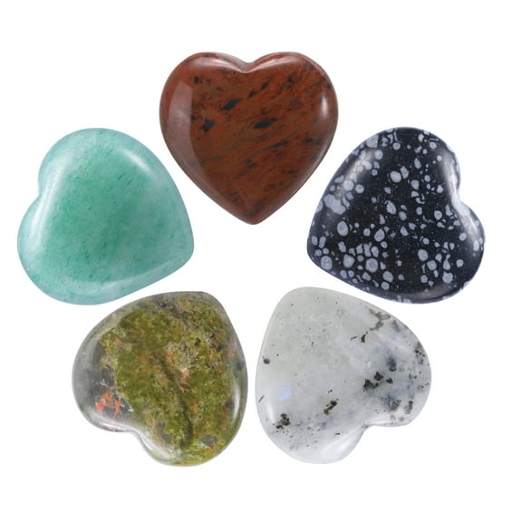 5Pcs Heart Stone Quartz, Heart Worry Stones for Balancing Worry Bulk Green,Snow,Grey,Red Black,Clear-Rock