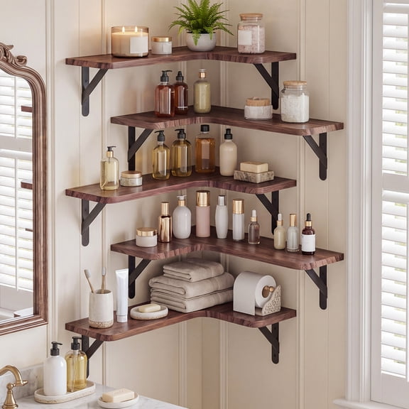 5Pcs Heavy-Duty Rustic Wood Corner Floating Shelves, Reddish Brown Finish, Wall Mount Curved Corner Storage Rack, Space-Saving, Easy Installation for Bathroom Kitchen Bedroom Living Room Decor
