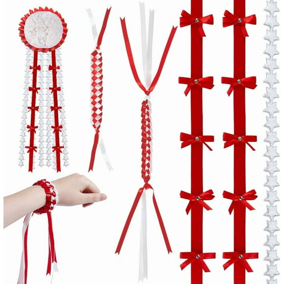 5Pcs Homecoming Mum Braid 10.9 Yards Star Ribbon 30 Inch Braid 22 Inch Bracelet 16 Inch Cord Homecoming Dancing Favors for Homecoming Football Game Homecoming Dancing Favors Party Red DIY
