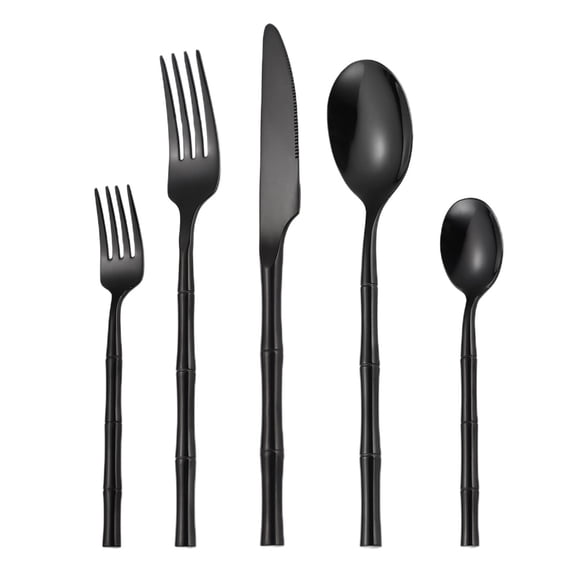 5Pcs Hotel Grade Solid Round Handle Cutlery Set - High-Grade Stainless Steel Knife Fork Spoon, Innovative Tableware for Dining ( Black )
