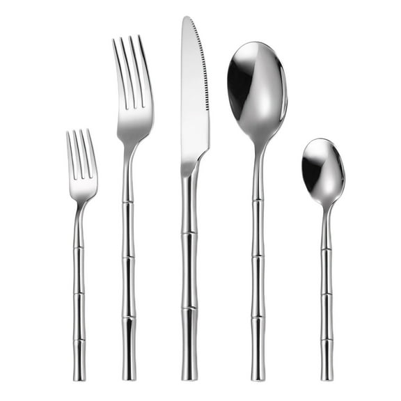 5Pcs Hotel Grade Solid Round Handle Cutlery Set - High-Grade Stainless Steel Knife Fork Spoon, Innovative Tableware for Dining ( Silver )