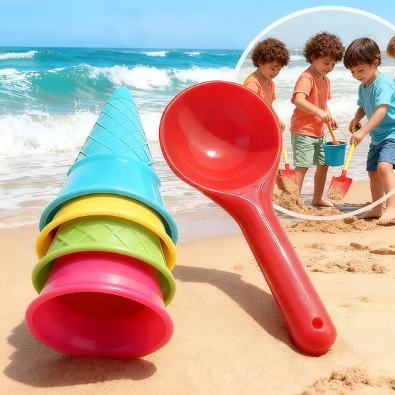 5Pcs Ice Cream Cone Sand Mold Set – Colorful Beach Sandcastle Tools With Scoop For Summer Swimming Pool Beach Toy(Multicolor-15Cm)