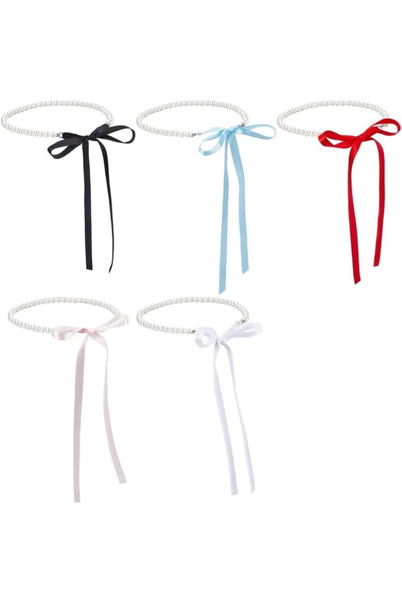 5Pcs Imitation Pearl with Satin Ribbon Necklace Set Long Vintage Round Beaded Adjustable Lace Up Bowknot Collarbone Chain Choker for Women Jewelry Prom Bridal Wedding Gifts Party Mixed Color