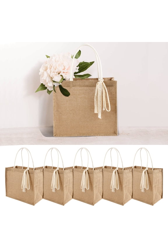 5Pcs Jute Tote Bag Reusable Burlap Shopping Bag with Ribbon and Handle Multipurpose Grocery Shopper for Shopping DIY Beach Travel