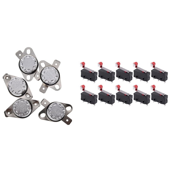5Pcs KSD301 250V 10A Thermostat Temperature Control Switch with 10Pcs Micro-Roller Lever Arm Open Close Limit Switch,10 x Micro-roller switches 5 x Temperature Switch Thermostat