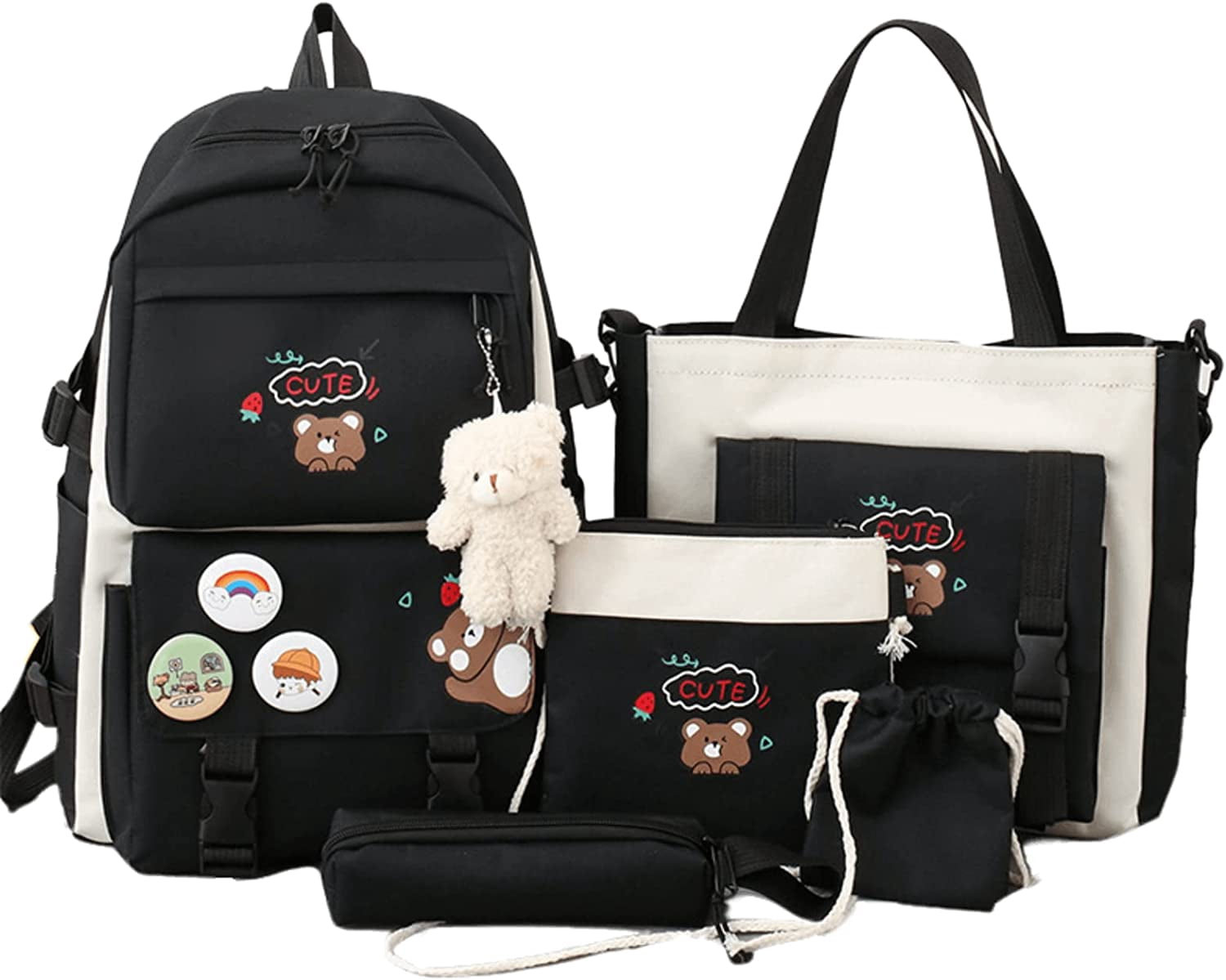 5Pcs Kawaii Cute Backpacks Combo Set with Bear Pendant & Pins - Back To School Supplies Japanese Anime Student Daypack Bag Kit with Tote