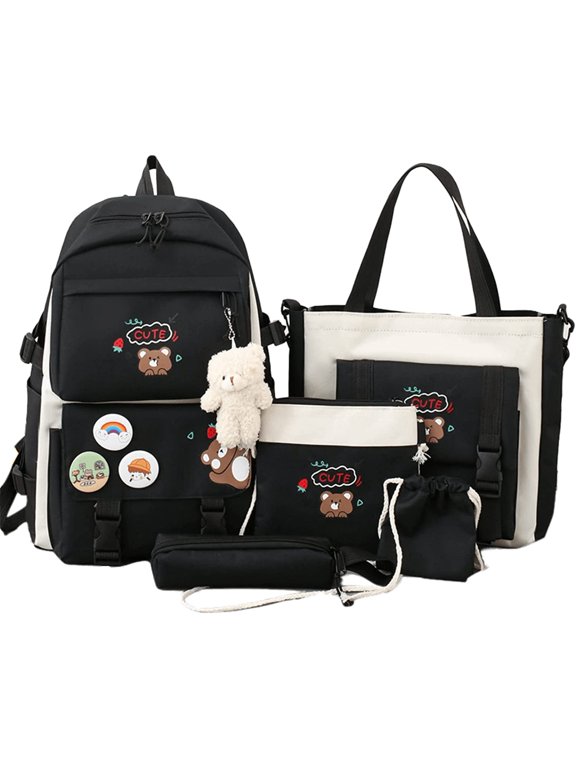5Pcs Kawaii Cute Backpacks Combo Set with Bear Pendant & Pins - Back To School Supplies Japanese Anime Student Daypack Bag Kit with Tote