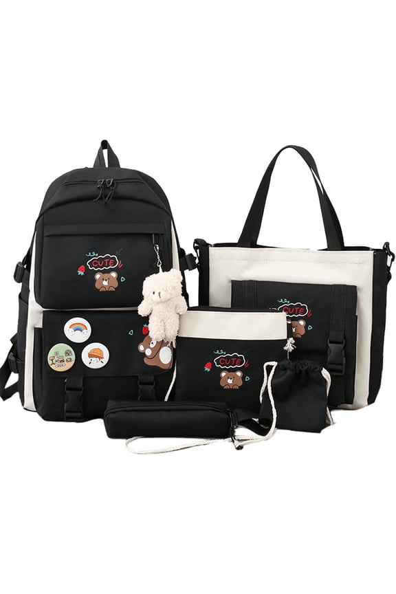 5Pcs Kawaii Cute Backpacks Combo Set with Bear Pendant & Pins - Back To School Supplies Japanese Anime Student Daypack Bag Kit with Tote