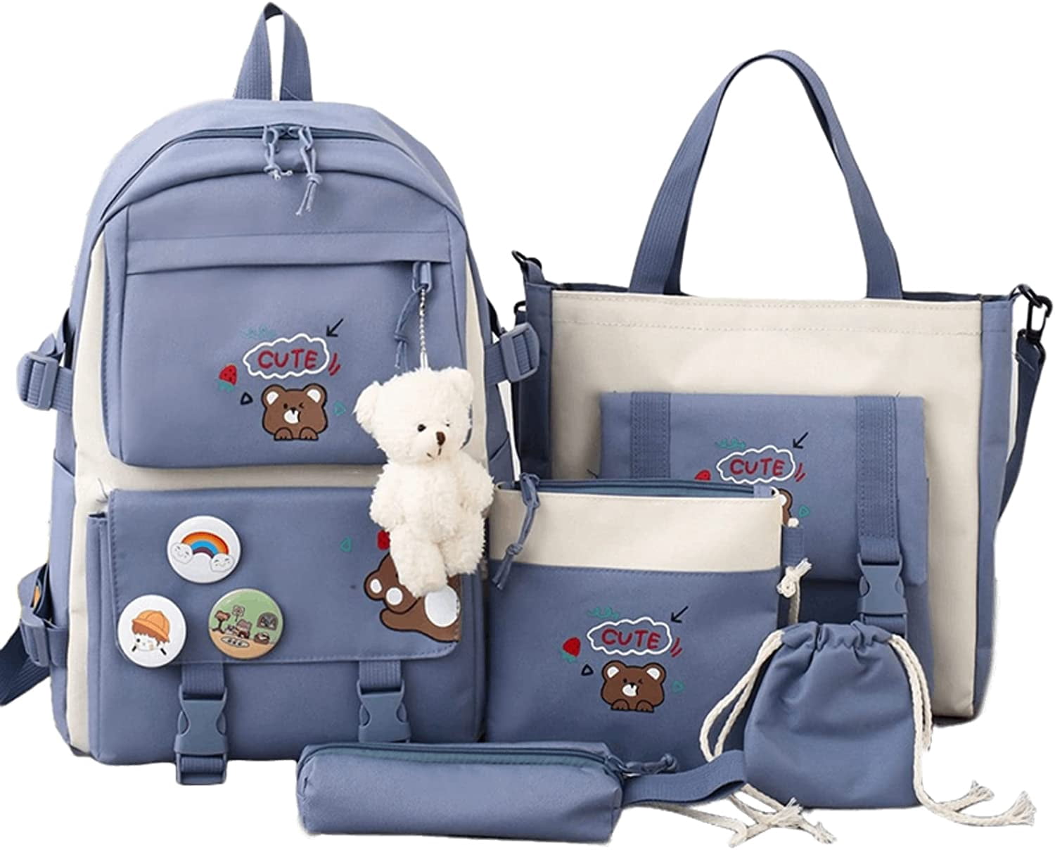 5Pcs Kawaii Cute Backpacks Combo Set with Bear Pendant & Pins - Back To School Supplies Japanese Anime Student Daypack Bag Kit with Tote