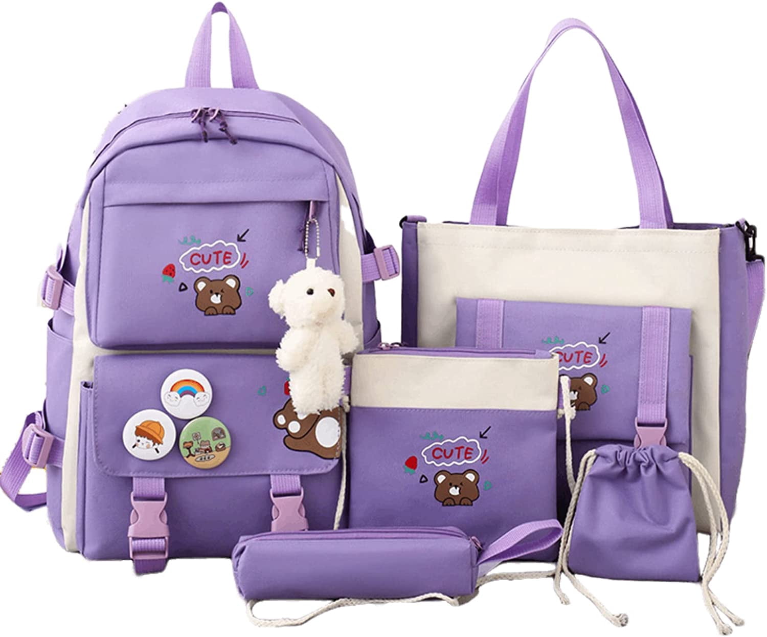 5Pcs Kawaii Cute Backpacks Combo Set with Bear Pendant & Pins - Back To School Supplies Japanese Anime Student Daypack Bag Kit with Tote
