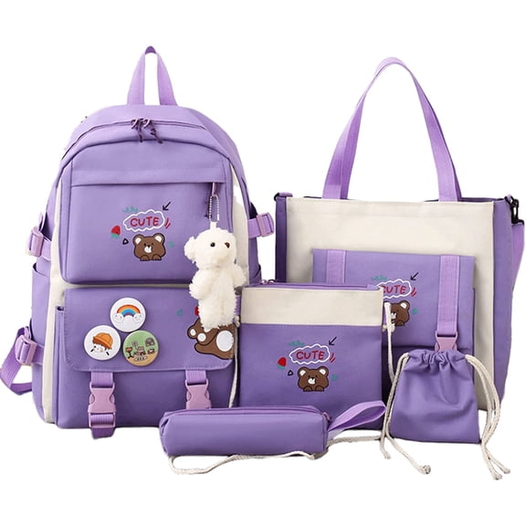 5Pcs Kawaii Cute Backpacks Combo Set with Bear Pendant & Pins - Back To School Supplies Japanese Anime Student Daypack Bag Kit with Tote