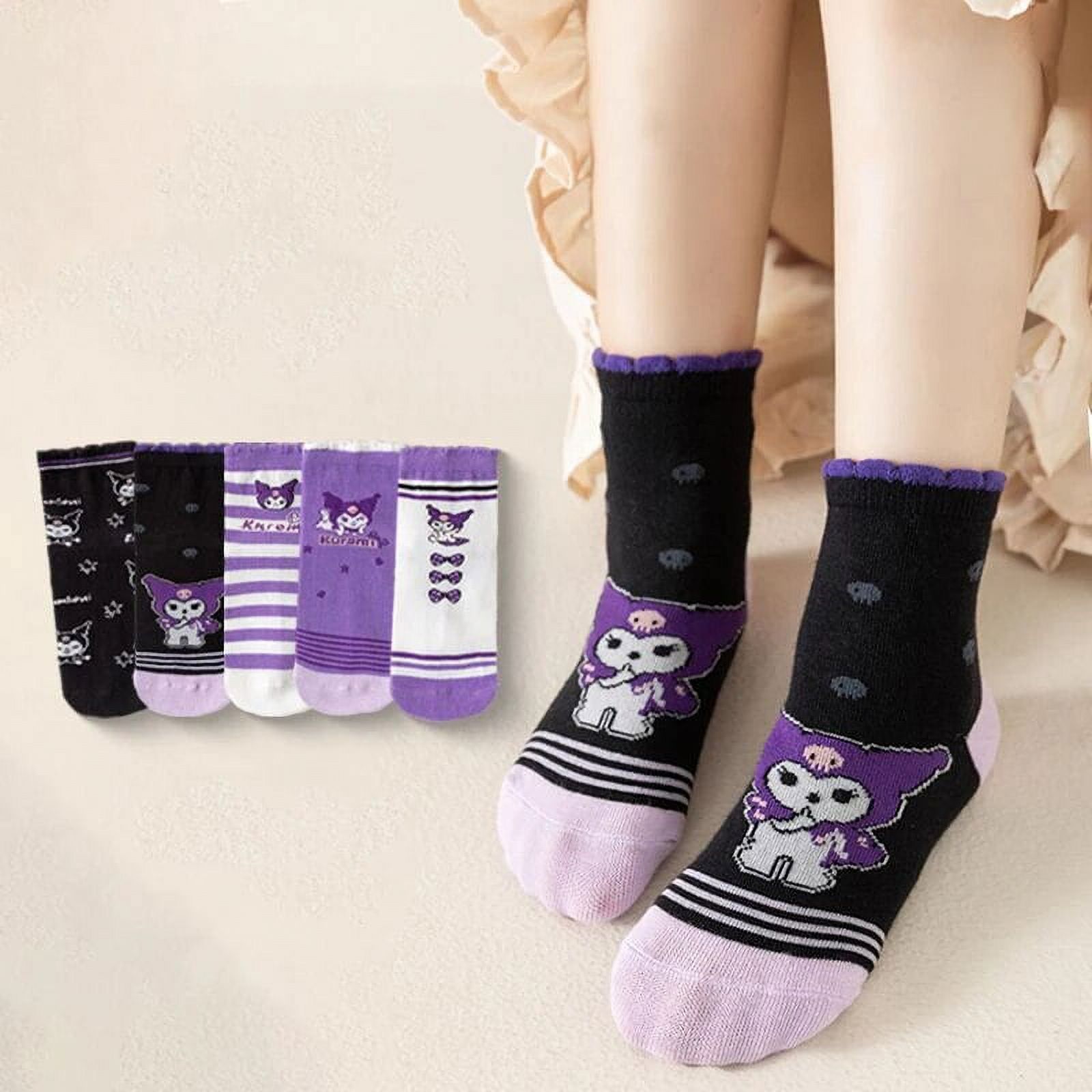 5Pcs Kawaii Sanrio Kuromi Hello Kitty Child Pure Cotton MidCalf Socks Absorb Sweat Breathable