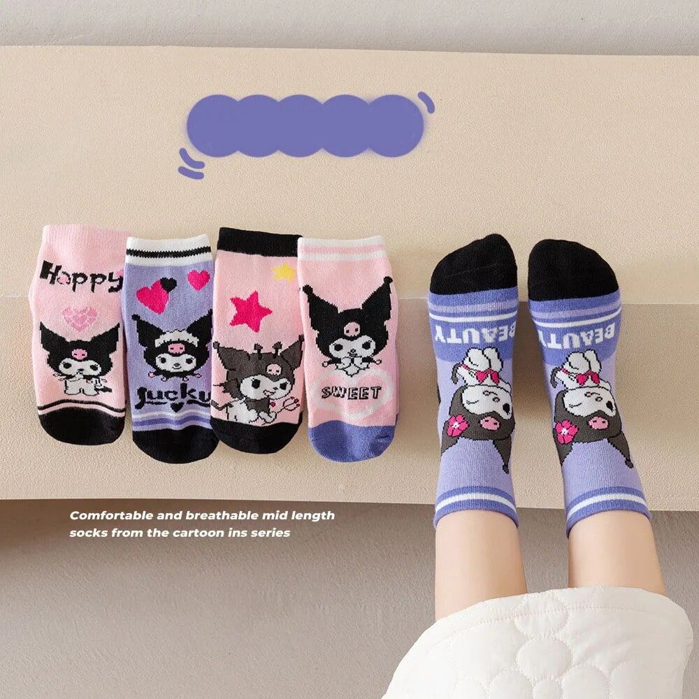 5Pcs Kawaii Sanrio Kuromi Hello Kitty Child Pure Cotton MidCalf Socks